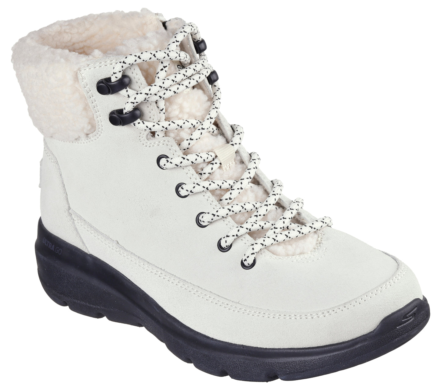 White lace-up boot with faux fur trim and a black sole.