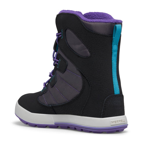A black snow boot with purple lining and laces, gray accents, and a white sole.