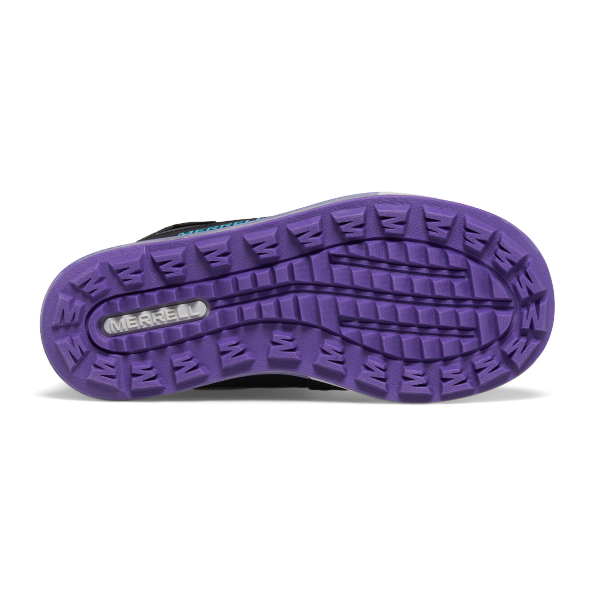 The bottom of a shoe with a purple sole and the word "MERRELL" visible.