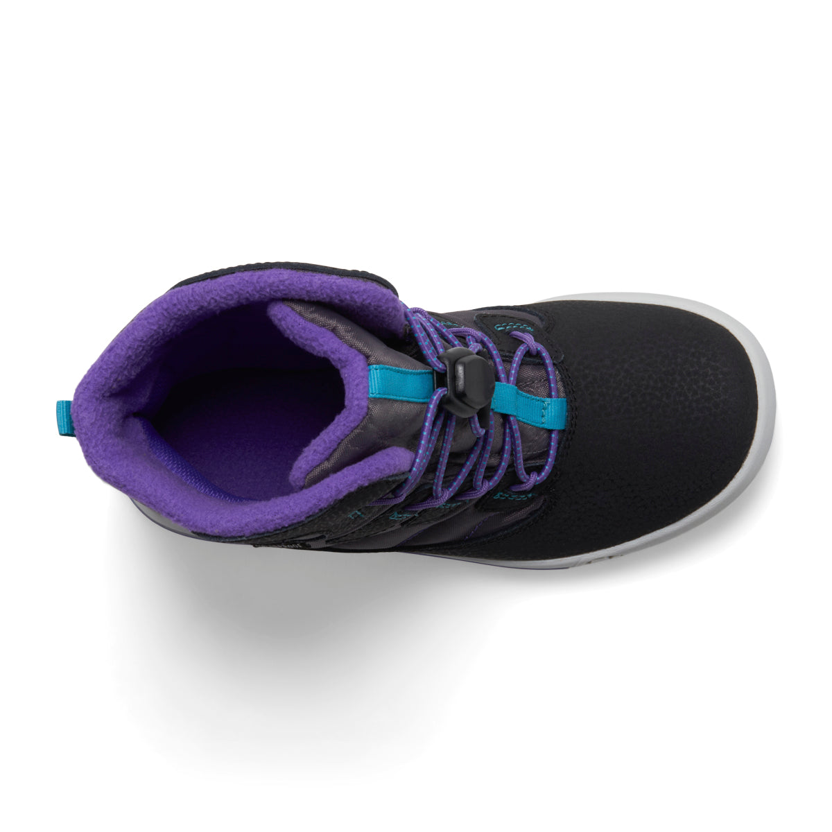 Top view of a black boot with purple lining and turquoise laces.