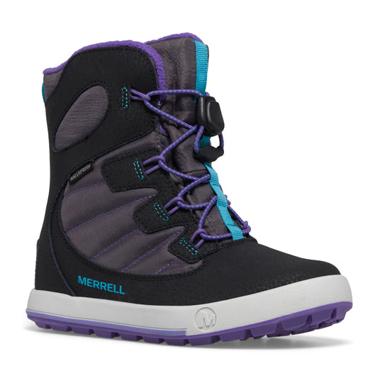 Black insulated winter boot with purple laces and sole, and 'MERRELL' displayed in blue.