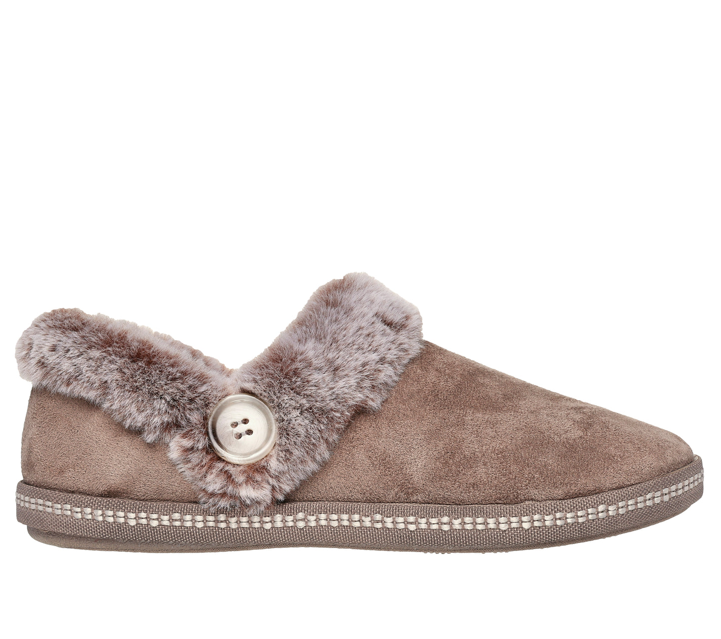 Taupe slipper with faux fur trim and button detail.