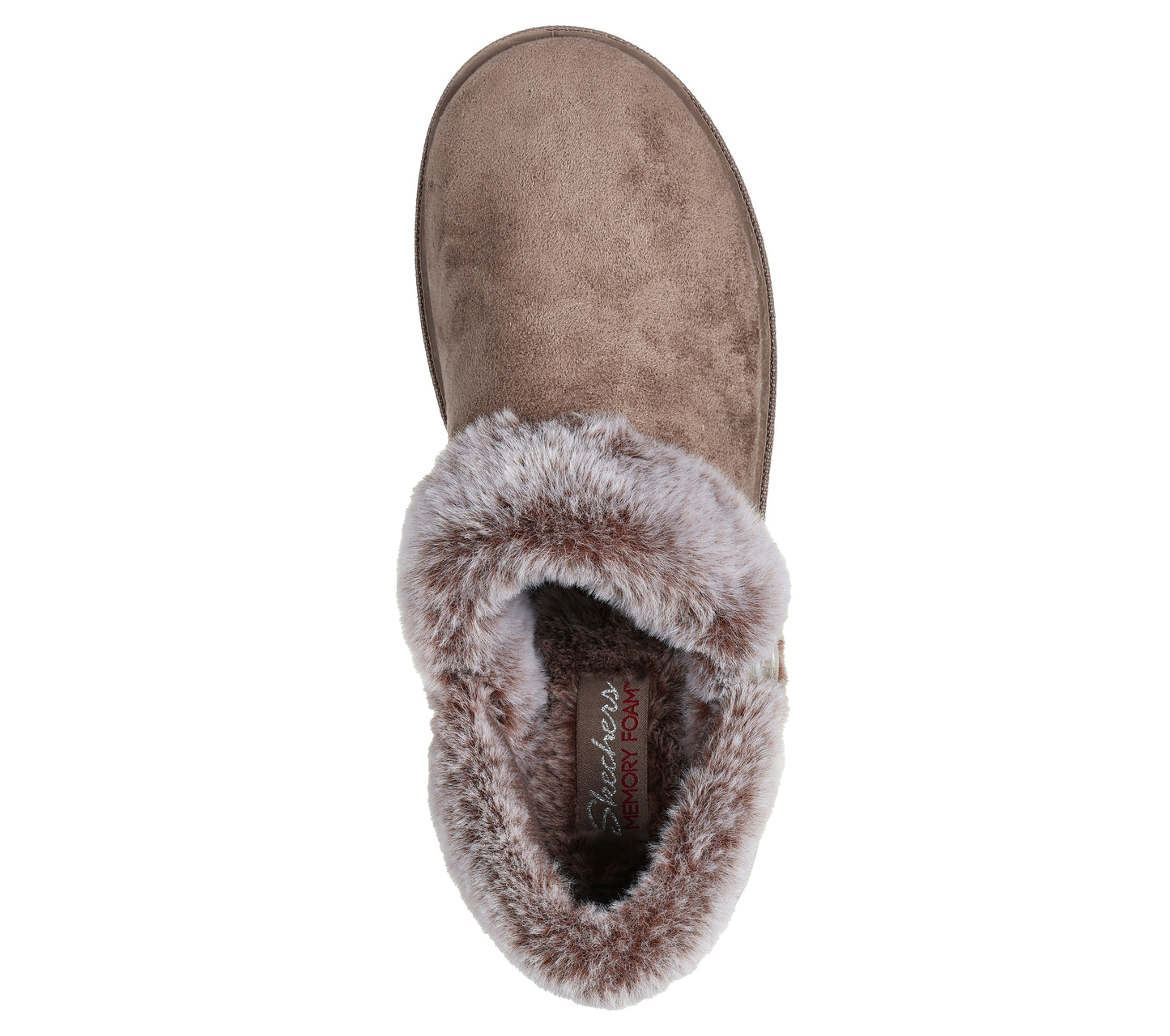 Taupe colored slipper with faux fur lining seen from above.