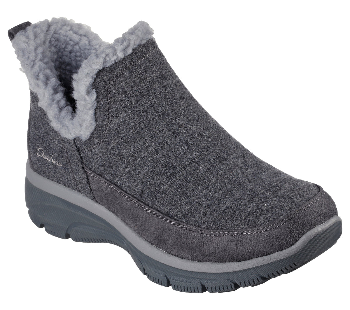 Gray slip-on shoe with faux fur trim.