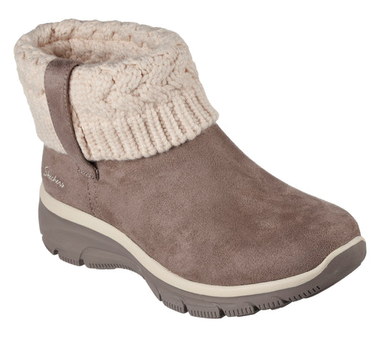 Taupe ankle boot with a cable knit cuff.