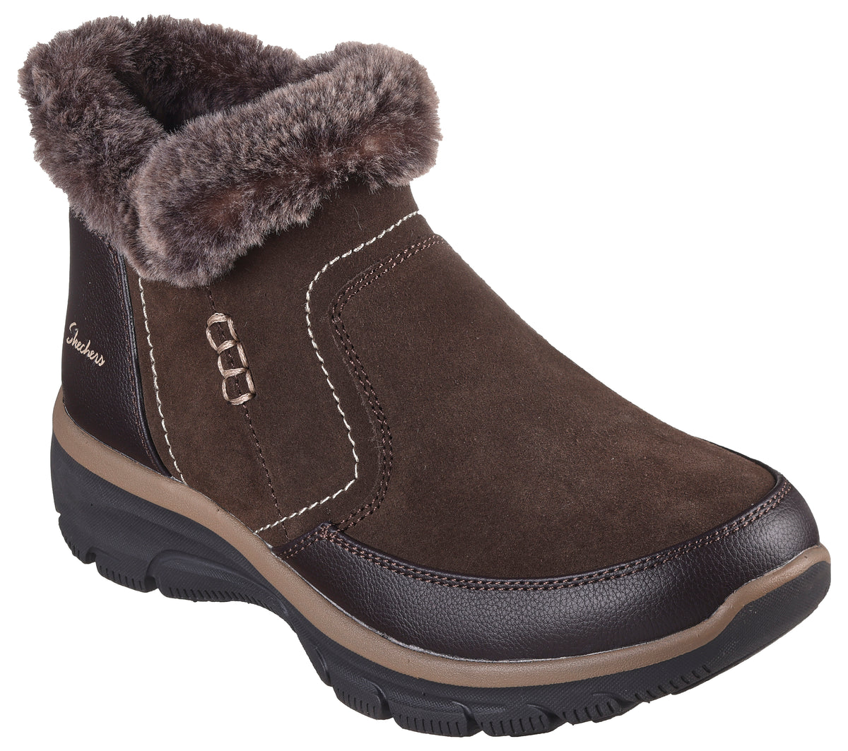 Brown suede ankle boot with faux fur trim and a dark brown sole.