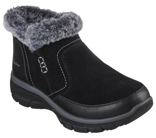 Black suede ankle boot with faux fur trim.