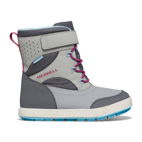 Grey snow boot with magenta laces and "MERRELL" printed on the side.