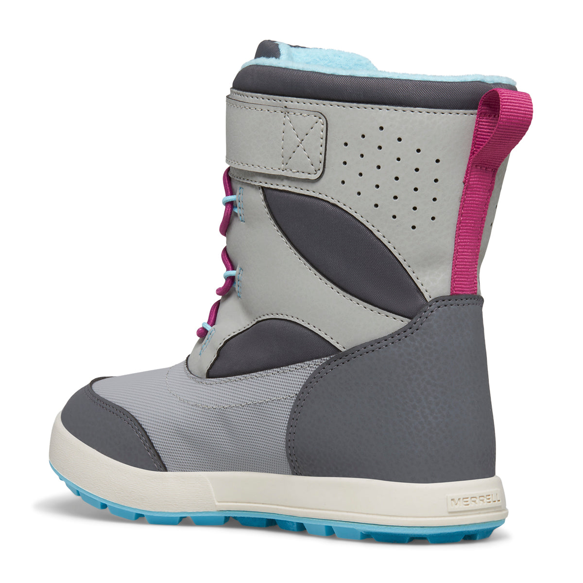 Gray snow boot with light blue sole and pink accents.