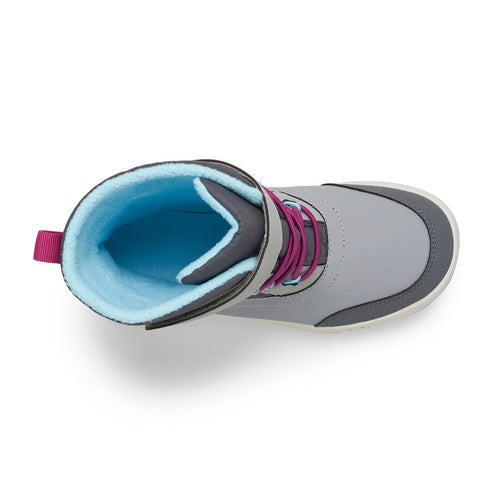Gray child's boot with purple laces and light blue lining, view from above.