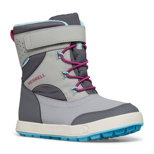 Grey and silver snow boot with purple laces and light blue sole.