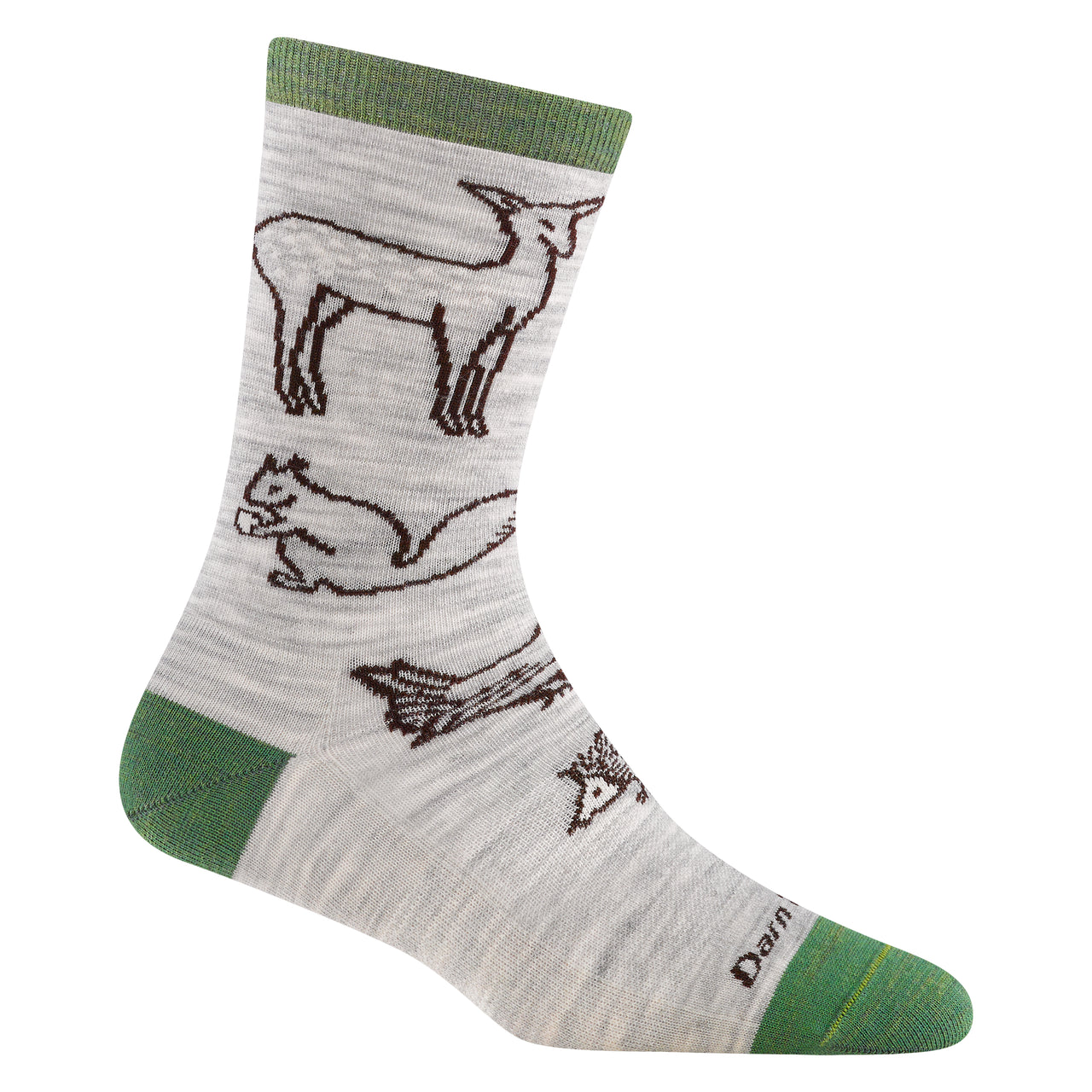 Gray sock with forest animal print in shades of brown and green.