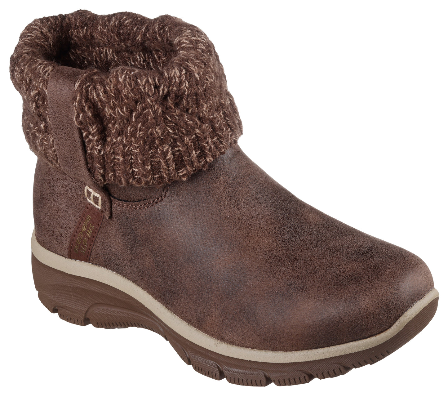 Brown ankle boot with knit cuff and side buckle accent.