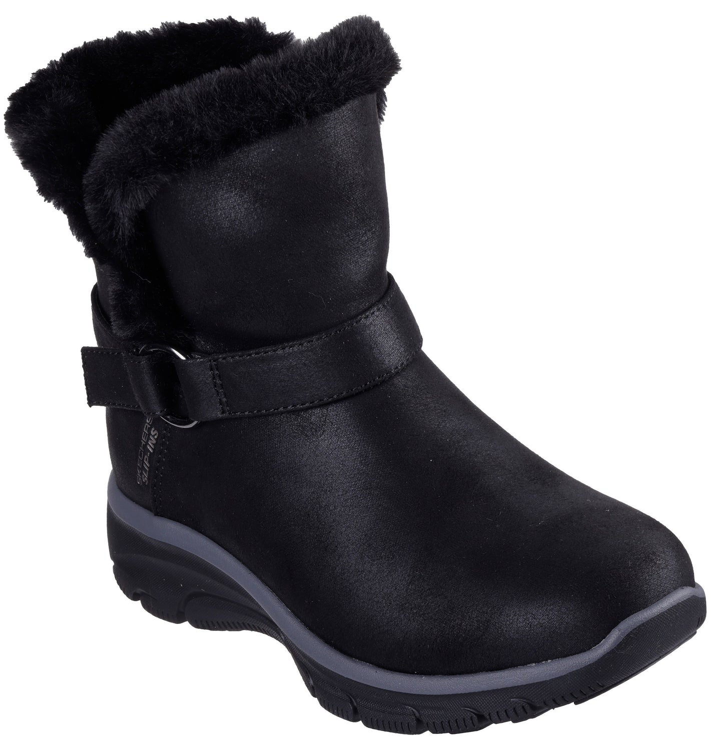 Black ankle boot with faux fur trim and buckle strap.