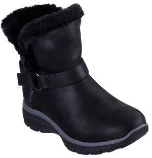 Black ankle boot with faux fur trim and buckle strap.