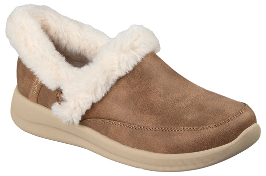 Slip-on brown suede shoe with faux fur trim and beige sole.
