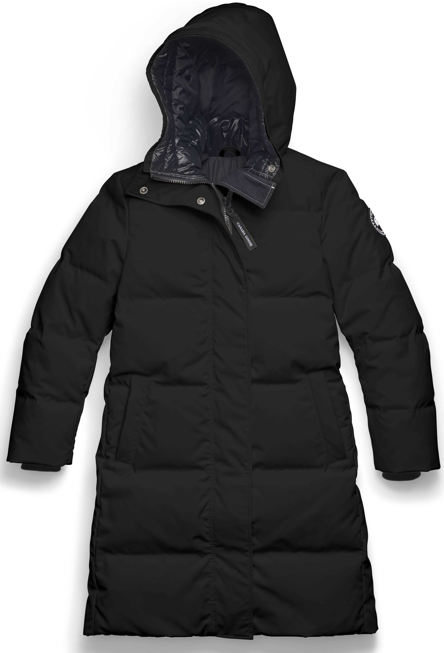 A black, knee-length, hooded puffer coat with a front zipper and snap-button closure.