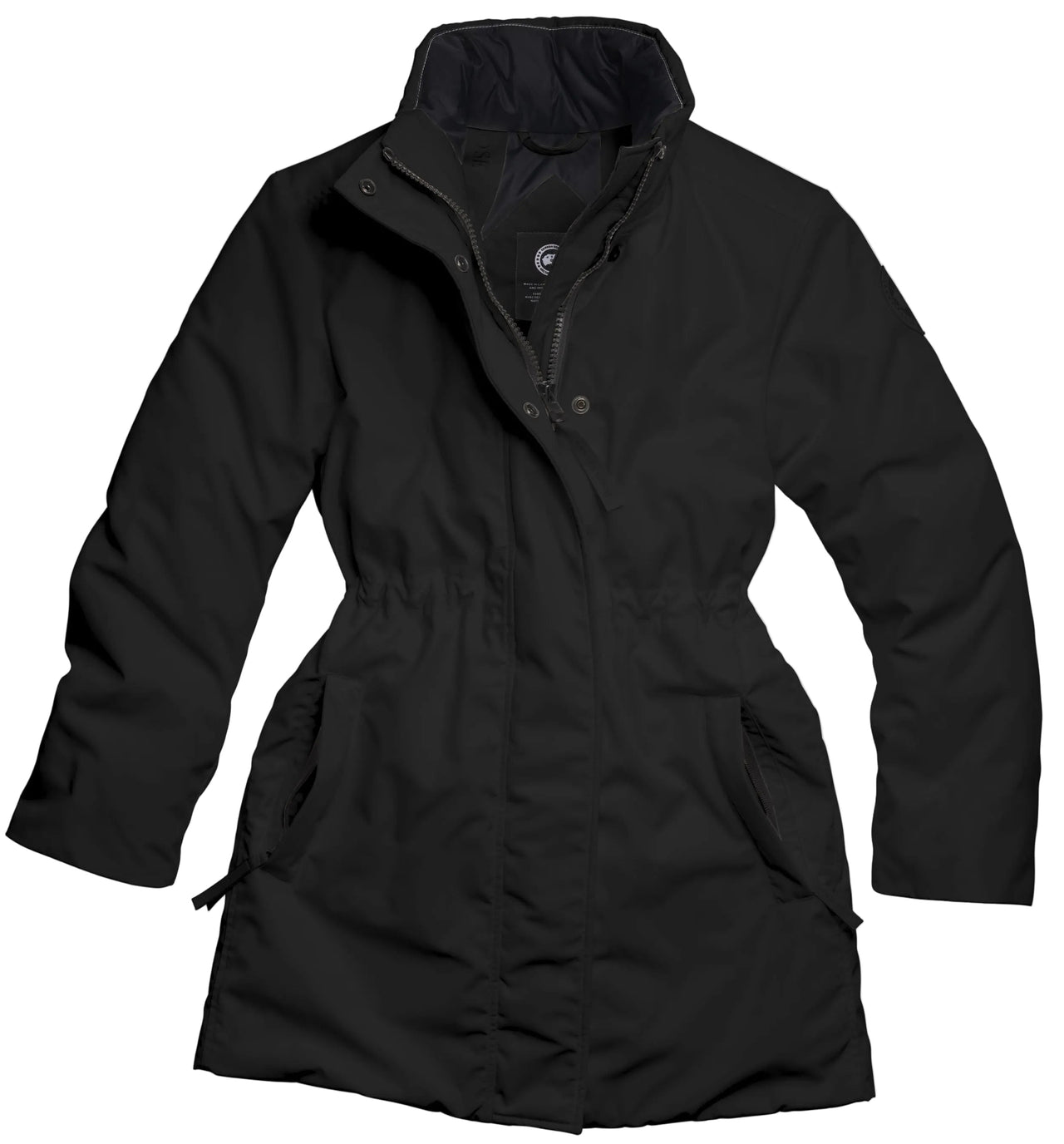 A black, knee-length, insulated parka with a high collar, long sleeves, a zippered front closure with a snap-button storm flap, and a cinched waistline.