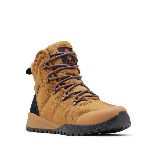 Tan high-top boot with lace-up closure, a black heel, and logo near the ankle.