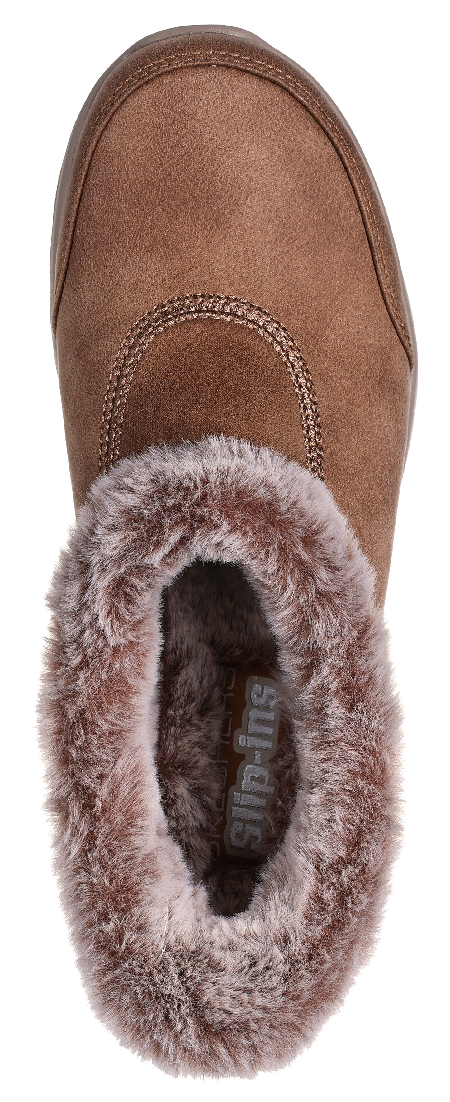 A brown slip-on shoe with faux fur trim.