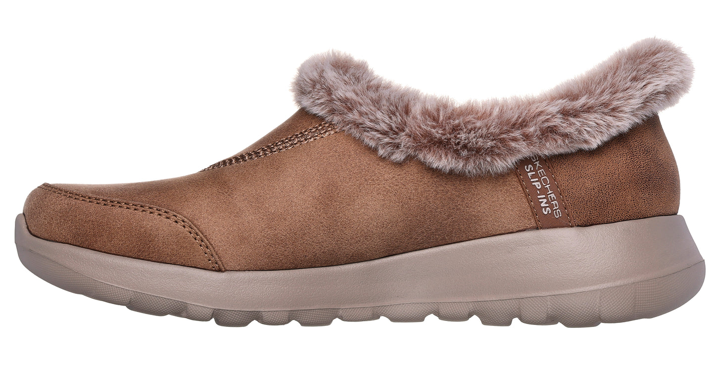 Brown slip-on shoe with faux fur trim.