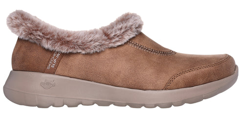 Brown slip-on shoe with faux fur trim.