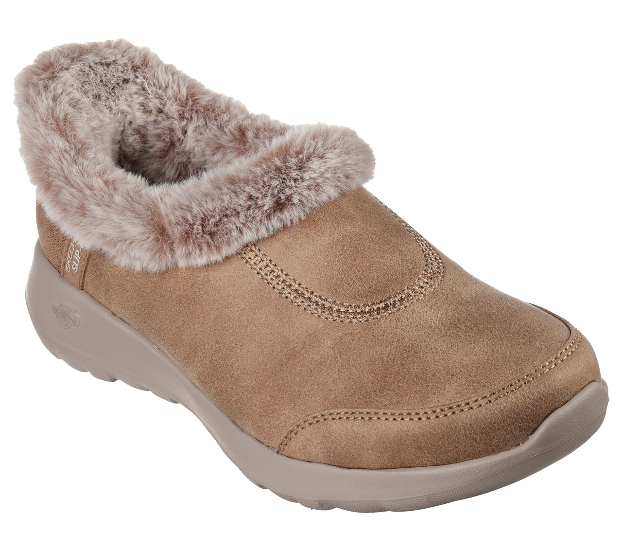 Slip-on shoe with faux fur trim and taupe sole.