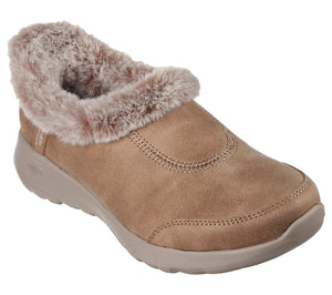 Slip-on shoe with faux fur trim and taupe sole.
