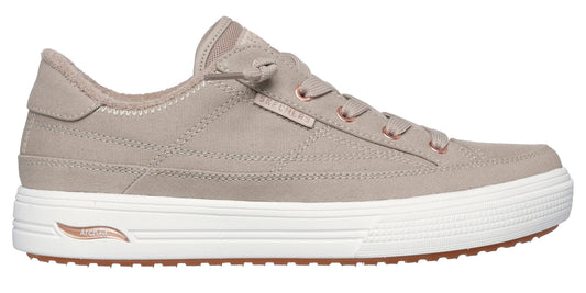 Beige low-top sneaker with white platform sole.