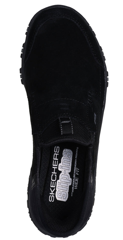 Black shoe interior with “SKECHERS Slip-ins” and “WIDE FIT” text.