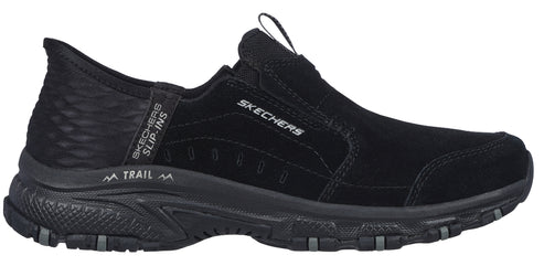 Black slip-on trail shoe with the word SKECHERS on its side.