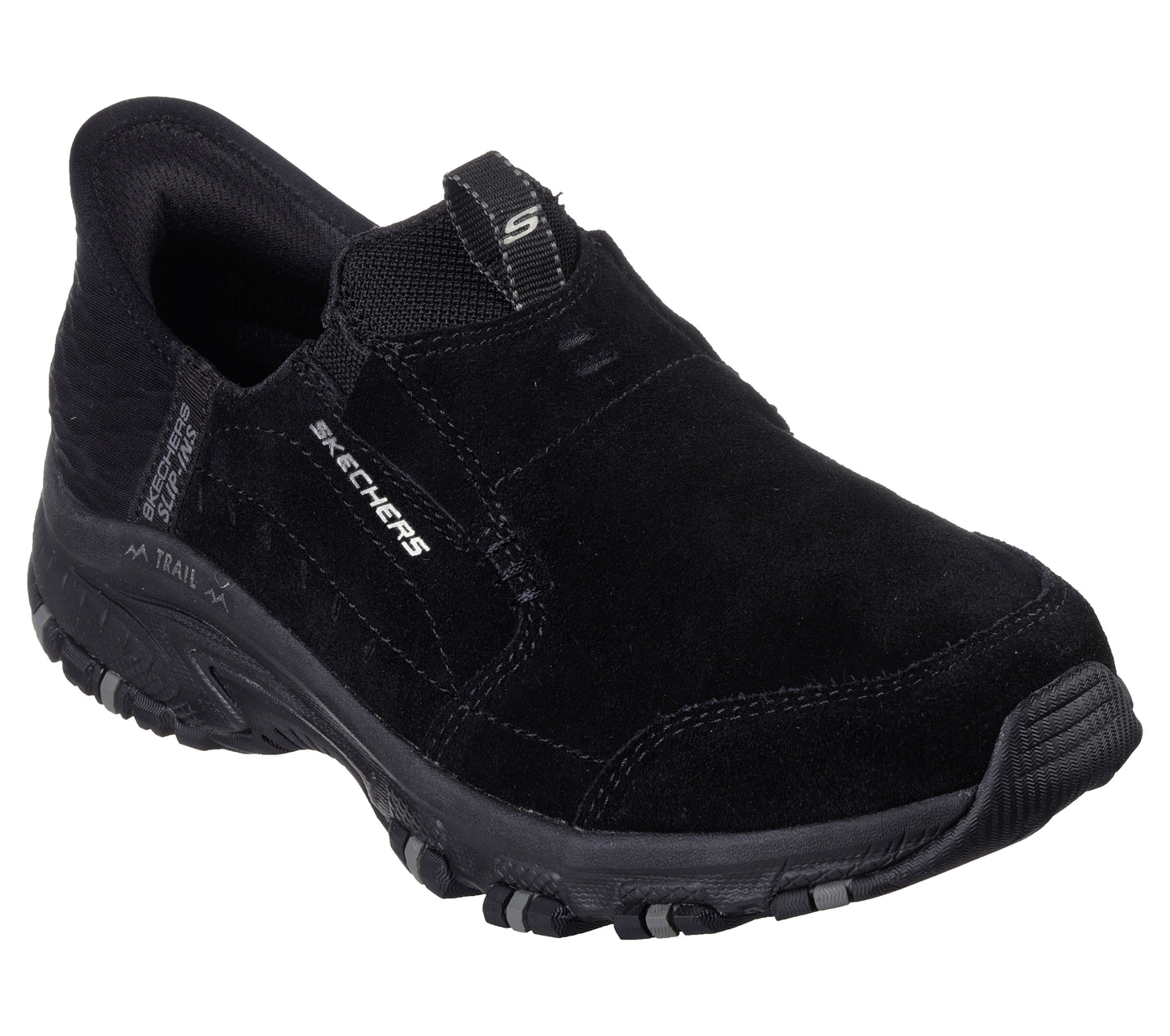Black slip-on casual shoe with elastic panel at vamp, pull tab on heel, and chunky lug sole. "SKECHERS" is printed on the side.