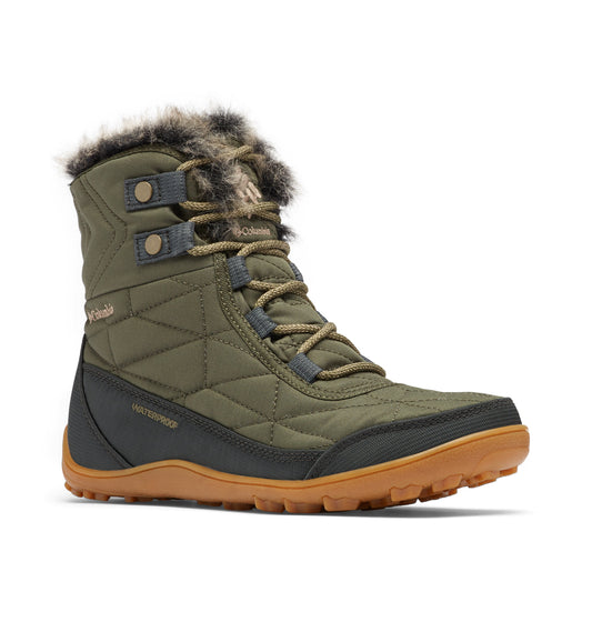 A laced-up waterproof, green, and brown boot with faux fur trim