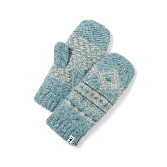 Pair of teal knit mittens with white, green, and gray geometric patterned bands.