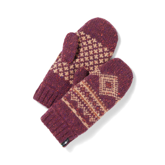 Pair of knit mittens with a geometric diamond pattern.