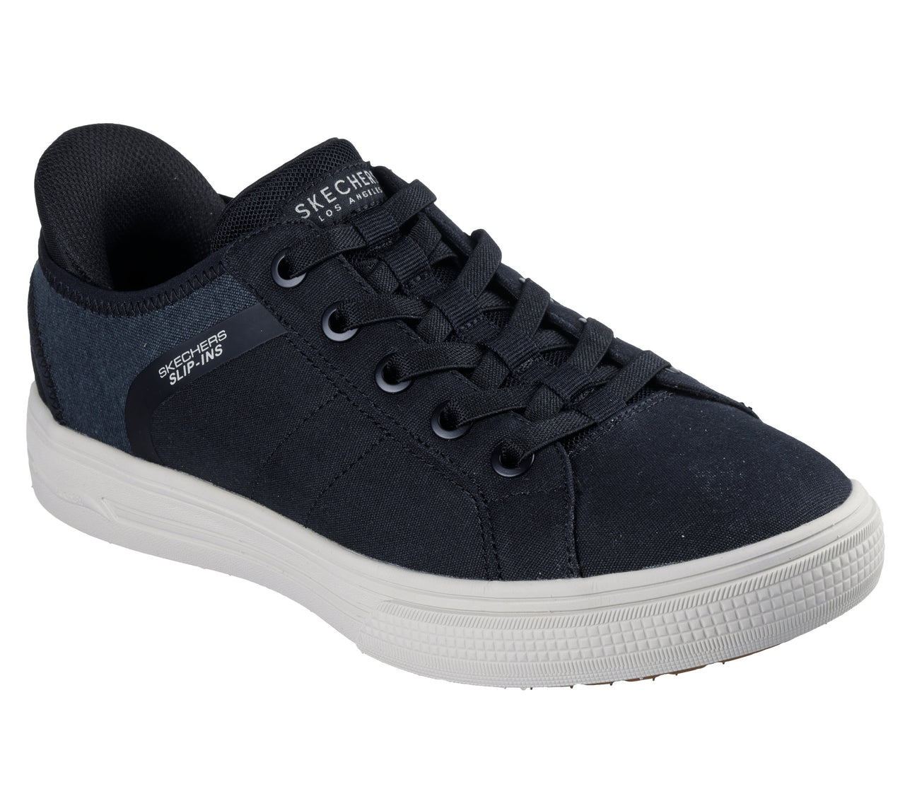A low profile, black canvas shoe with a white sole, laces, and the text "SKECHERS SLIP-INS LOS ANGELES" on the side.