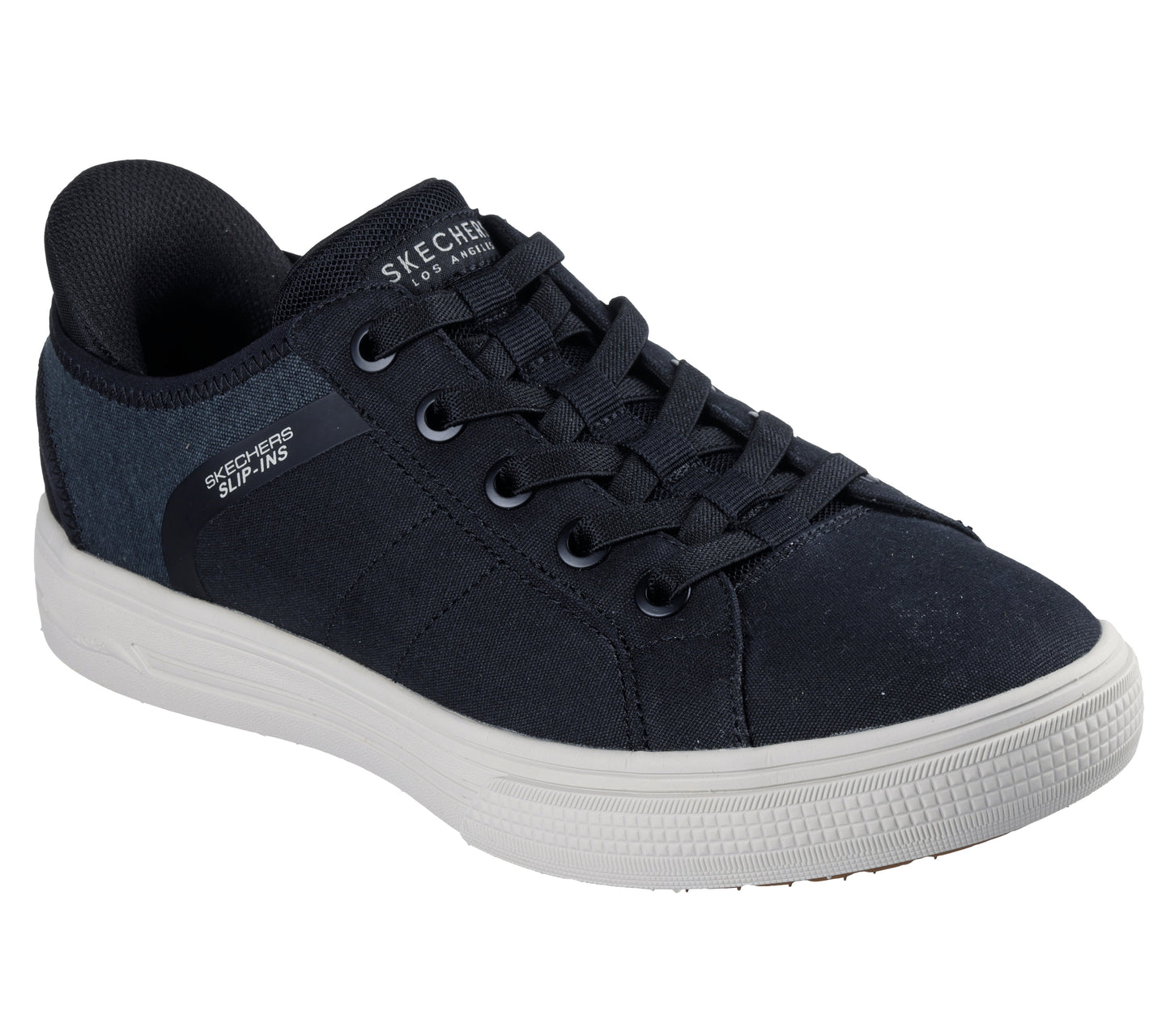 A low profile, black canvas shoe with a white sole, laces, and the text "SKECHERS SLIP-INS LOS ANGELES" on the side.