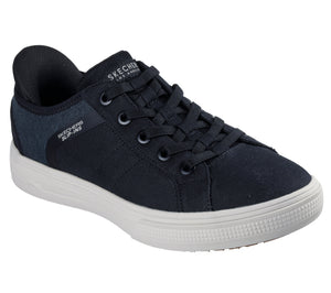 A low profile, black canvas shoe with a white sole, laces, and the text "SKECHERS SLIP-INS LOS ANGELES" on the side.