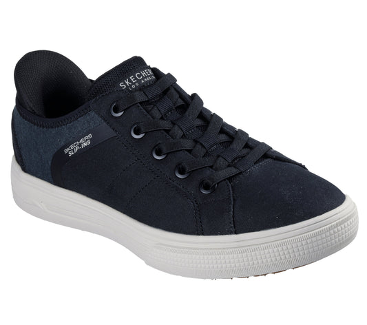 A low profile, black canvas shoe with a white sole, laces, and the text "SKECHERS SLIP-INS LOS ANGELES" on the side.