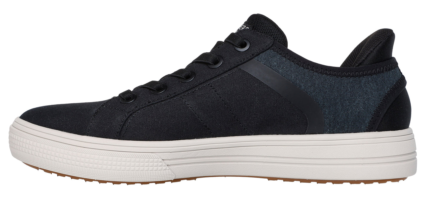 Black sneaker with white sole.