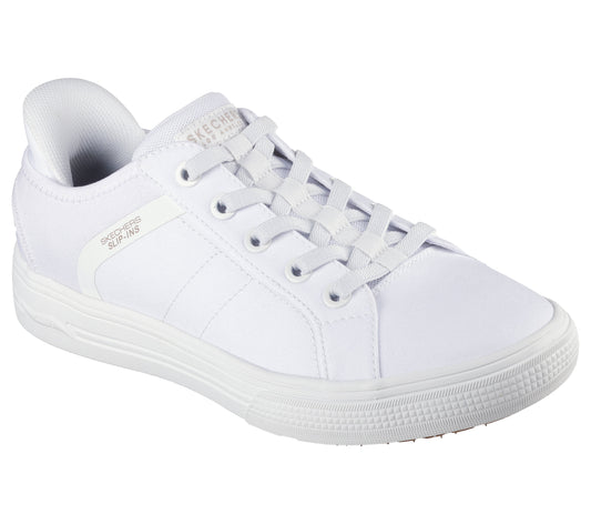 White sneaker with white laces and a logo that reads 'SKECHERS Slip-ins' on the side.