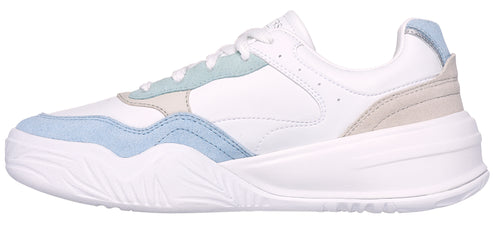 A white sneaker with blue accents.