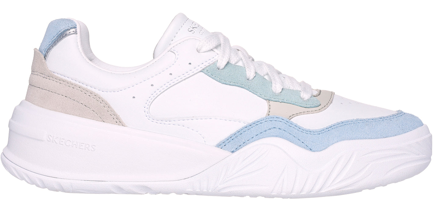 A white sneaker with light blue and gray accents.