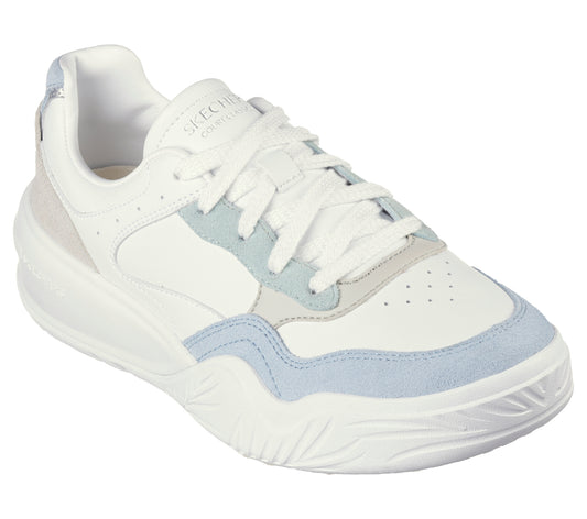 White sneaker with light blue accents and white laces.