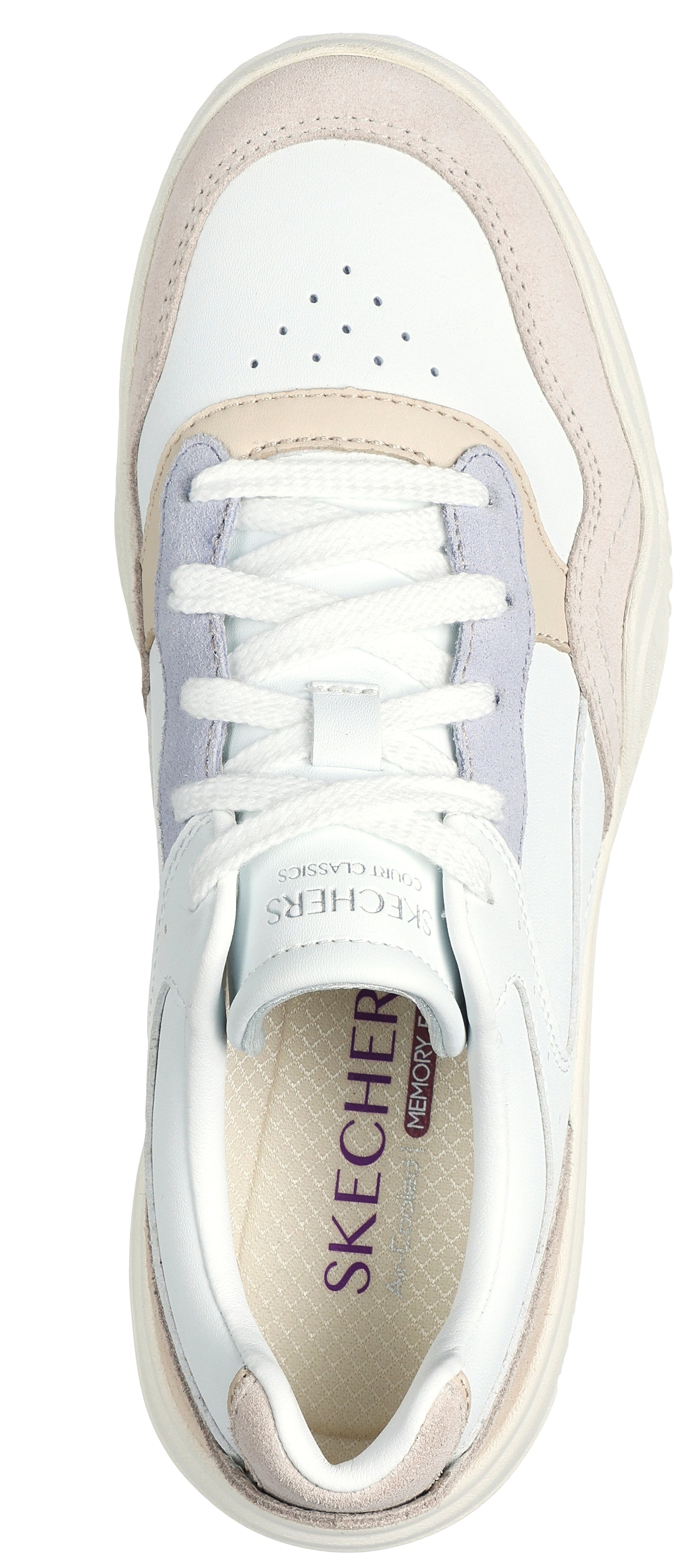 A top-down view of a white sneaker with a suede accent.