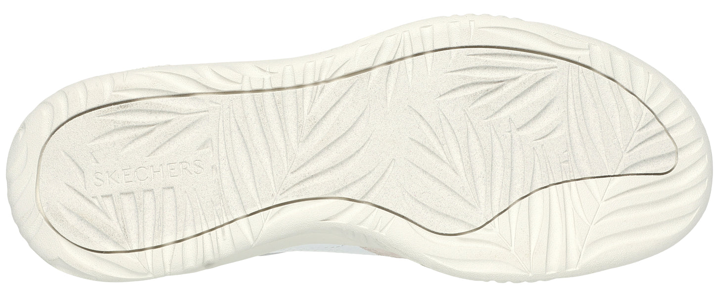 The bottom of a shoe, with a white sole featuring a leaf-like pattern.