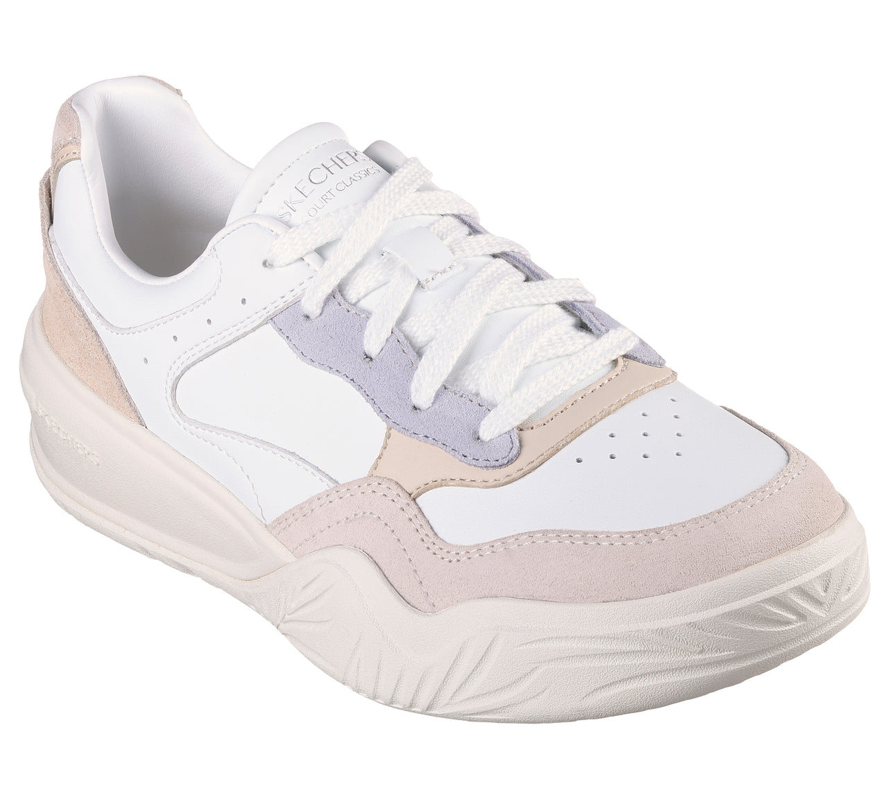 Low top white sneaker with beige and light purple accents, and white laces.