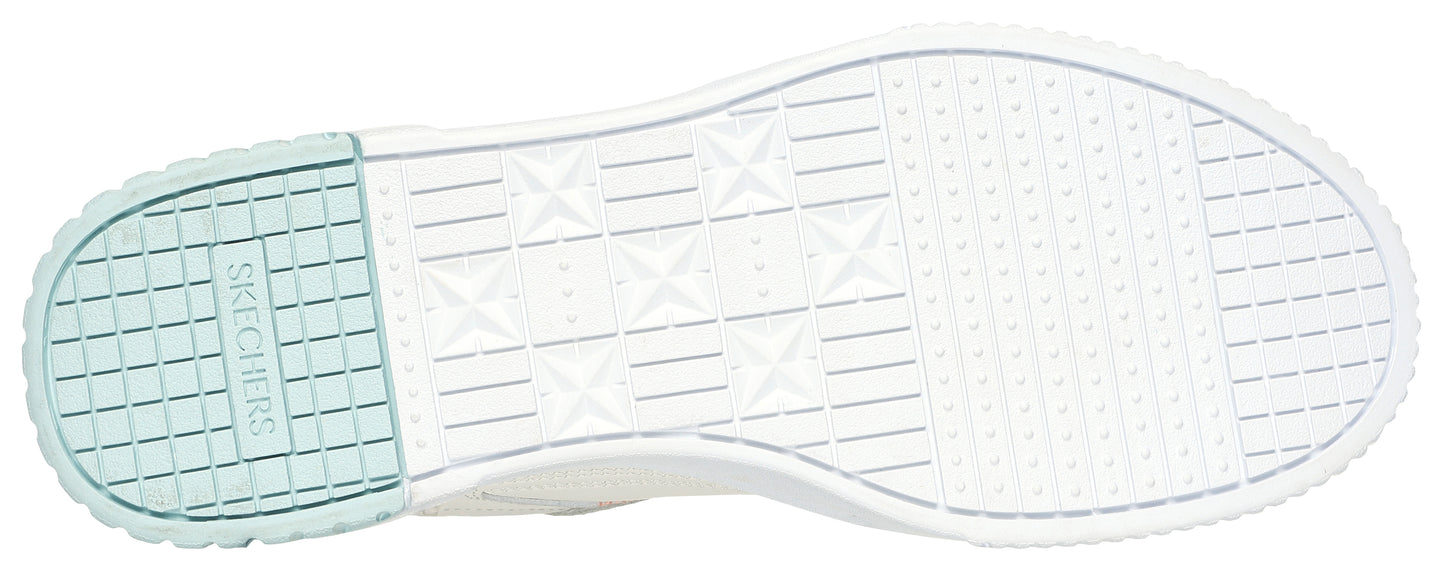 The sole of a shoe with a grid-like pattern on the heel and a dot pattern on the front.