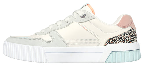 A low-rise, white sneaker with a light pink heel and leopard print ankle.