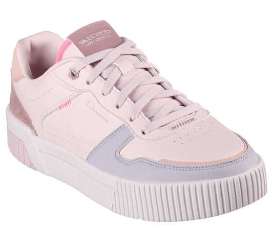 Low-top athletic shoe, off-white with pink and gray accents, visible brand "SKECHERS LOS ANGELES" on the tongue.